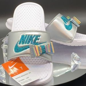Nike White/Teal Blue/Silver Slides